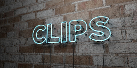 CLIPS - Glowing Neon Sign on stonework wall - 3D rendered royalty free stock illustration.  Can be used for online banner ads and direct mailers..
