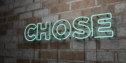 CHOSE - Glowing Neon Sign on stonework wall - 3D rendered royalty free stock illustration.  Can be used for online banner ads and direct mailers..
