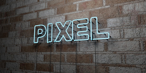 PIXEL - Glowing Neon Sign on stonework wall - 3D rendered royalty free stock illustration.  Can be used for online banner ads and direct mailers..