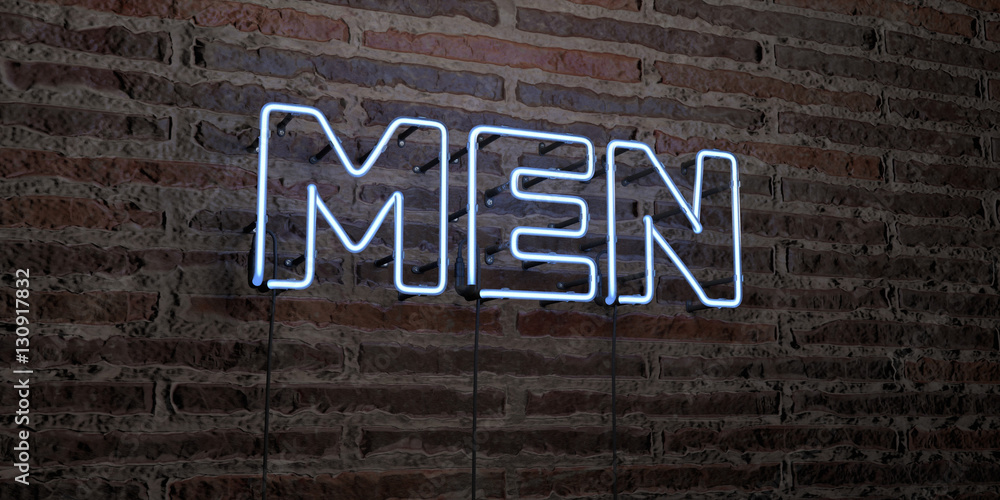 Fototapete men -realistic neon sign on brick wall background - 3d rendered royalty free stock image. can be use