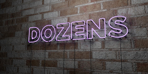DOZENS - Glowing Neon Sign on stonework wall - 3D rendered royalty free stock illustration.  Can be used for online banner ads and direct mailers..