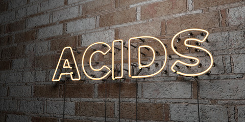 ACIDS - Glowing Neon Sign on stonework wall - 3D rendered royalty free stock illustration.  Can be used for online banner ads and direct mailers..