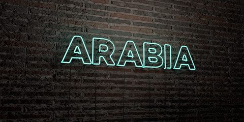 ARABIA -Realistic Neon Sign on Brick Wall background - 3D rendered royalty free stock image. Can be used for online banner ads and direct mailers..