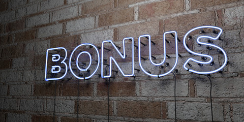BONUS - Glowing Neon Sign on stonework wall - 3D rendered royalty free stock illustration.  Can be used for online banner ads and direct mailers..