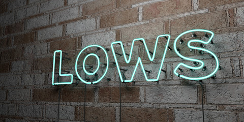 LOWS - Glowing Neon Sign on stonework wall - 3D rendered royalty free stock illustration.  Can be used for online banner ads and direct mailers..