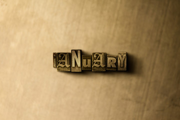 JANUARY - close-up of grungy vintage typeset word on metal backdrop. Royalty free stock - 3D rendered stock image.  Can be used for online banner ads and direct mail.