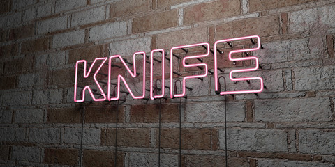 KNIFE - Glowing Neon Sign on stonework wall - 3D rendered royalty free stock illustration.  Can be used for online banner ads and direct mailers..