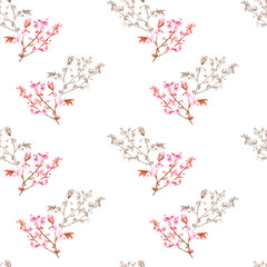 Watercolor floral seamless pattern with spring blossom, branch with pink flowers (cherry, plum, almonds), brown outline, hand draw sketch and watercolor painting on white background