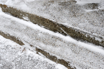 snow and ice on stairs in winter