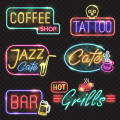 Neon signs. Vector neon lights illustrations icons for bar, tattoo, coffee, grills, jazz cafe designs.