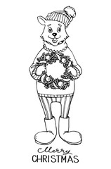 Hand-drawn sketch cartoon cat with a Christmas wreath in his hands. Merry Christmas vector illustration