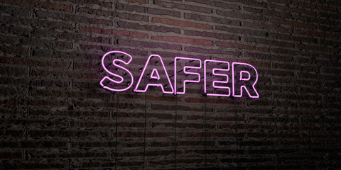 SAFER -Realistic Neon Sign on Brick Wall background - 3D rendered royalty free stock image. Can be used for online banner ads and direct mailers..