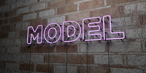 MODEL - Glowing Neon Sign on stonework wall - 3D rendered royalty free stock illustration.  Can be used for online banner ads and direct mailers..