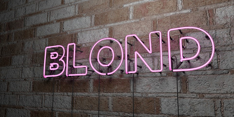BLOND - Glowing Neon Sign on stonework wall - 3D rendered royalty free stock illustration.  Can be used for online banner ads and direct mailers..