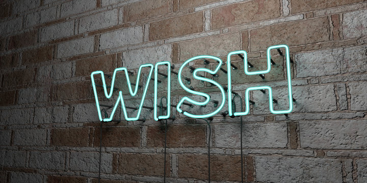 WISH - Glowing Neon Sign on stonework wall - 3D rendered royalty free stock illustration.  Can be used for online banner ads and direct mailers..