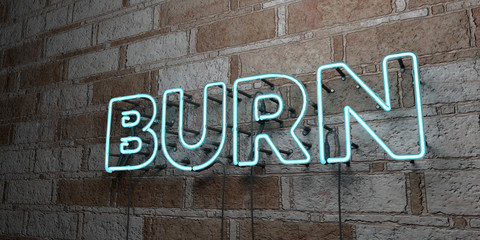 BURN - Glowing Neon Sign on stonework wall - 3D rendered royalty free stock illustration.  Can be used for online banner ads and direct mailers..