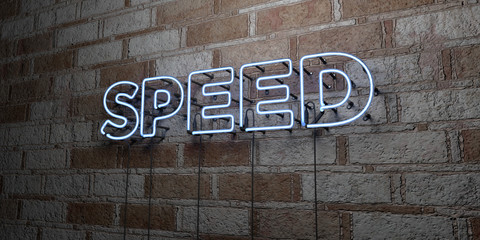 SPEED - Glowing Neon Sign on stonework wall - 3D rendered royalty free stock illustration.  Can be used for online banner ads and direct mailers..
