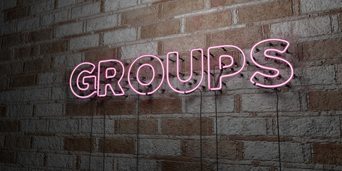 GROUPS - Glowing Neon Sign on stonework wall - 3D rendered royalty free stock illustration.  Can be used for online banner ads and direct mailers..