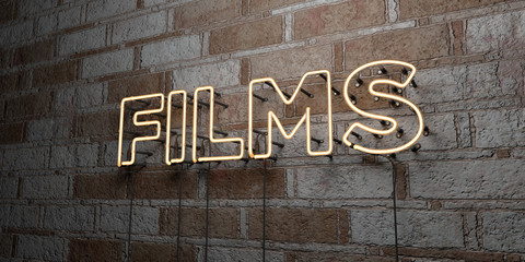 FILMS - Glowing Neon Sign on stonework wall - 3D rendered royalty free stock illustration.  Can be used for online banner ads and direct mailers..