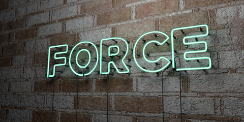 Fototapeta na wymiar FORCE - Glowing Neon Sign on stonework wall - 3D rendered royalty free stock illustration. Can be used for online banner ads and direct mailers..