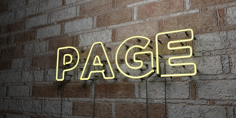 PAGE - Glowing Neon Sign on stonework wall - 3D rendered royalty free stock illustration.  Can be used for online banner ads and direct mailers..