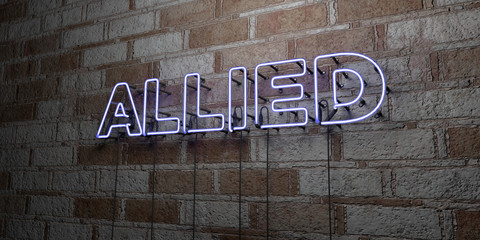 ALLIED - Glowing Neon Sign on stonework wall - 3D rendered royalty free stock illustration.  Can be used for online banner ads and direct mailers..
