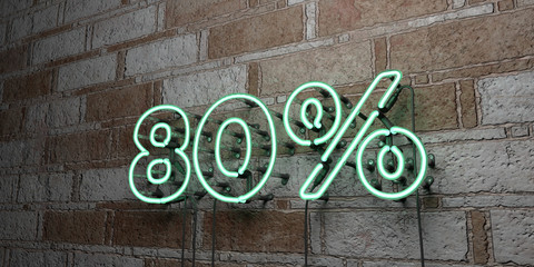 80% - Glowing Neon Sign on stonework wall - 3D rendered royalty free stock illustration.  Can be used for online banner ads and direct mailers..