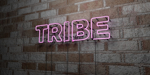 TRIBE - Glowing Neon Sign on stonework wall - 3D rendered royalty free stock illustration.  Can be used for online banner ads and direct mailers..