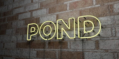 POND - Glowing Neon Sign on stonework wall - 3D rendered royalty free stock illustration.  Can be used for online banner ads and direct mailers..