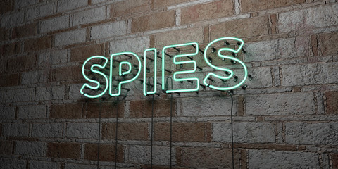 SPIES - Glowing Neon Sign on stonework wall - 3D rendered royalty free stock illustration.  Can be used for online banner ads and direct mailers..