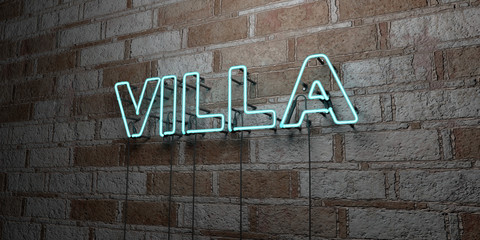 VILLA - Glowing Neon Sign on stonework wall - 3D rendered royalty free stock illustration.  Can be used for online banner ads and direct mailers..