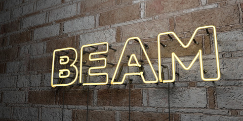 BEAM - Glowing Neon Sign on stonework wall - 3D rendered royalty free stock illustration.  Can be used for online banner ads and direct mailers..