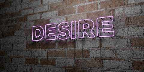 DESIRE - Glowing Neon Sign on stonework wall - 3D rendered royalty free stock illustration.  Can be used for online banner ads and direct mailers..