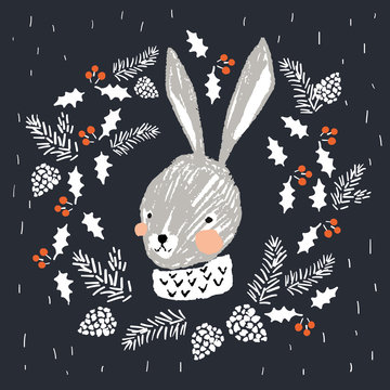 Cute gray rabbit portrait in the wreath with cone and holly. Xmas design for the poster, greeting card, tee shirt. Vector hand drawn illustration. Winter time animal on the black background with snow.