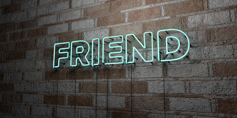 Naklejka premium FRIEND - Glowing Neon Sign on stonework wall - 3D rendered royalty free stock illustration. Can be used for online banner ads and direct mailers..