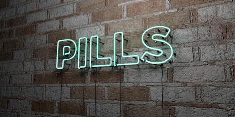 PILLS - Glowing Neon Sign on stonework wall - 3D rendered royalty free stock illustration.  Can be used for online banner ads and direct mailers..