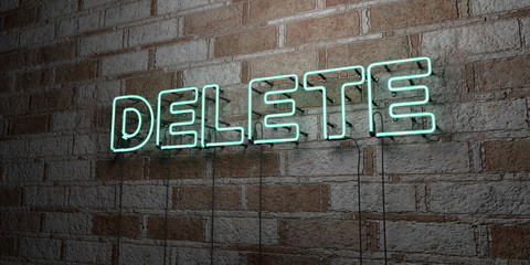 DELETE - Glowing Neon Sign on stonework wall - 3D rendered royalty free stock illustration.  Can be used for online banner ads and direct mailers..