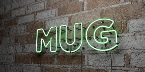 MUG - Glowing Neon Sign on stonework wall - 3D rendered royalty free stock illustration.  Can be used for online banner ads and direct mailers..