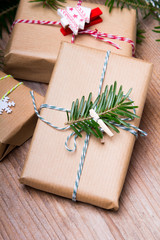 Christmas presents on wooden background, retro style with copy space