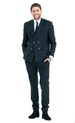 Full body portrait of happy smiling business man, isolated on white background