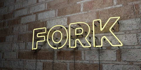 FORK - Glowing Neon Sign on stonework wall - 3D rendered royalty free stock illustration.  Can be used for online banner ads and direct mailers..