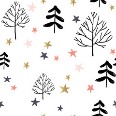 Trees and stars in the forest on the white background. Vector seamless pattern. Christmas nature illustration. Winter holidays.