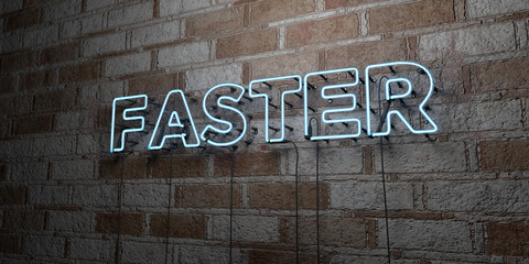 FASTER - Glowing Neon Sign on stonework wall - 3D rendered royalty free stock illustration.  Can be used for online banner ads and direct mailers..