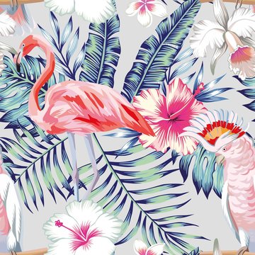 orchid hibiscus flamingo parrot pattern light