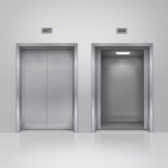 Open and closed chrome metal building elevator doors. Realistic vector illustration.