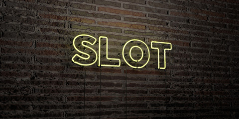 SLOT -Realistic Neon Sign on Brick Wall background - 3D rendered royalty free stock image. Can be used for online banner ads and direct mailers..