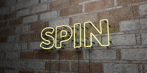 SPIN - Glowing Neon Sign on stonework wall - 3D rendered royalty free stock illustration.  Can be used for online banner ads and direct mailers..
