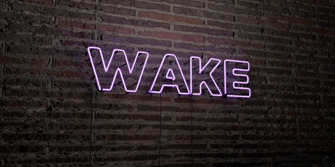 WAKE -Realistic Neon Sign on Brick Wall background - 3D rendered royalty free stock image. Can be used for online banner ads and direct mailers..