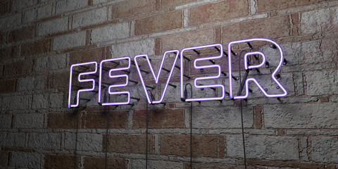 FEVER - Glowing Neon Sign on stonework wall - 3D rendered royalty free stock illustration.  Can be used for online banner ads and direct mailers..