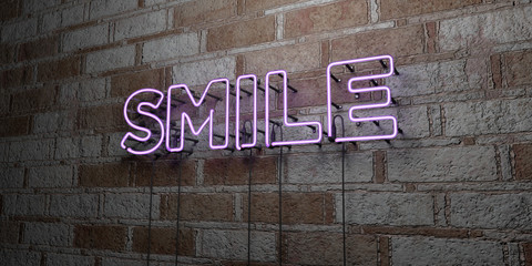 SMILE - Glowing Neon Sign on stonework wall - 3D rendered royalty free stock illustration.  Can be used for online banner ads and direct mailers..